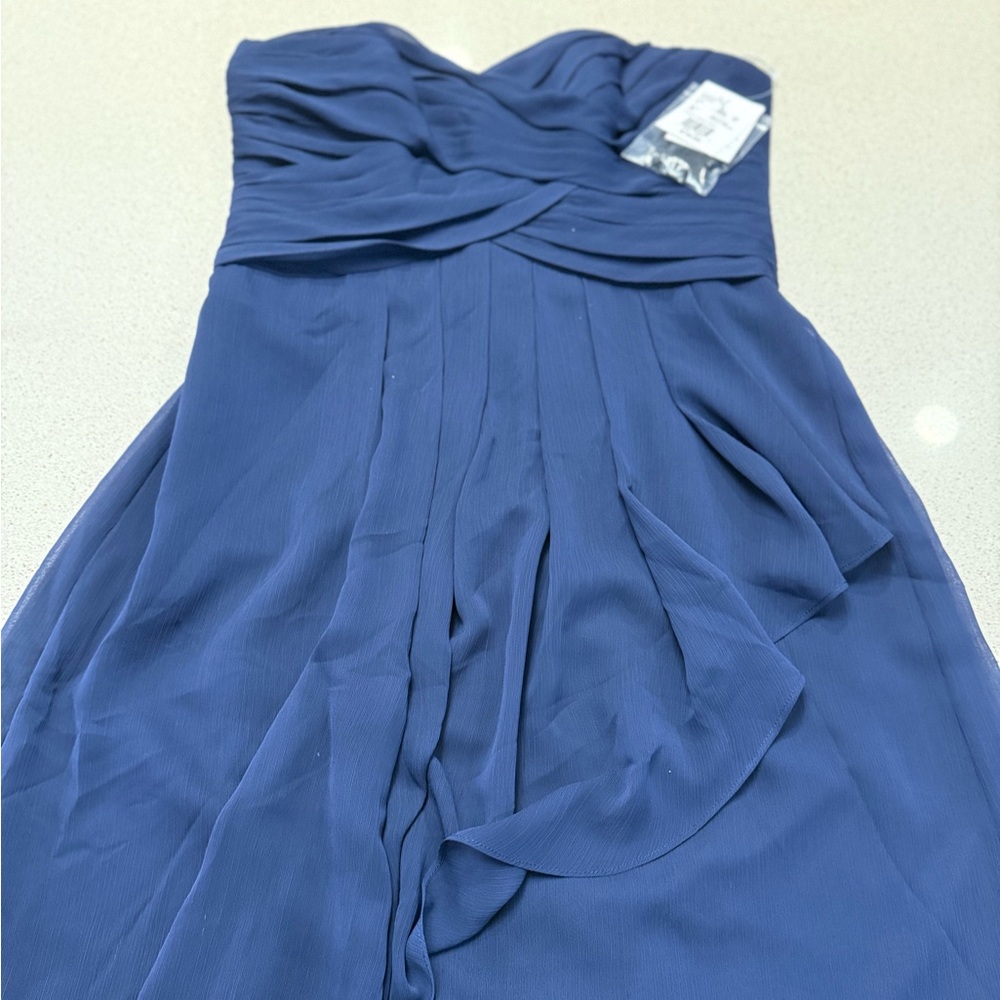 David's Bridal Blue Strapless Ruched Tiered Gown